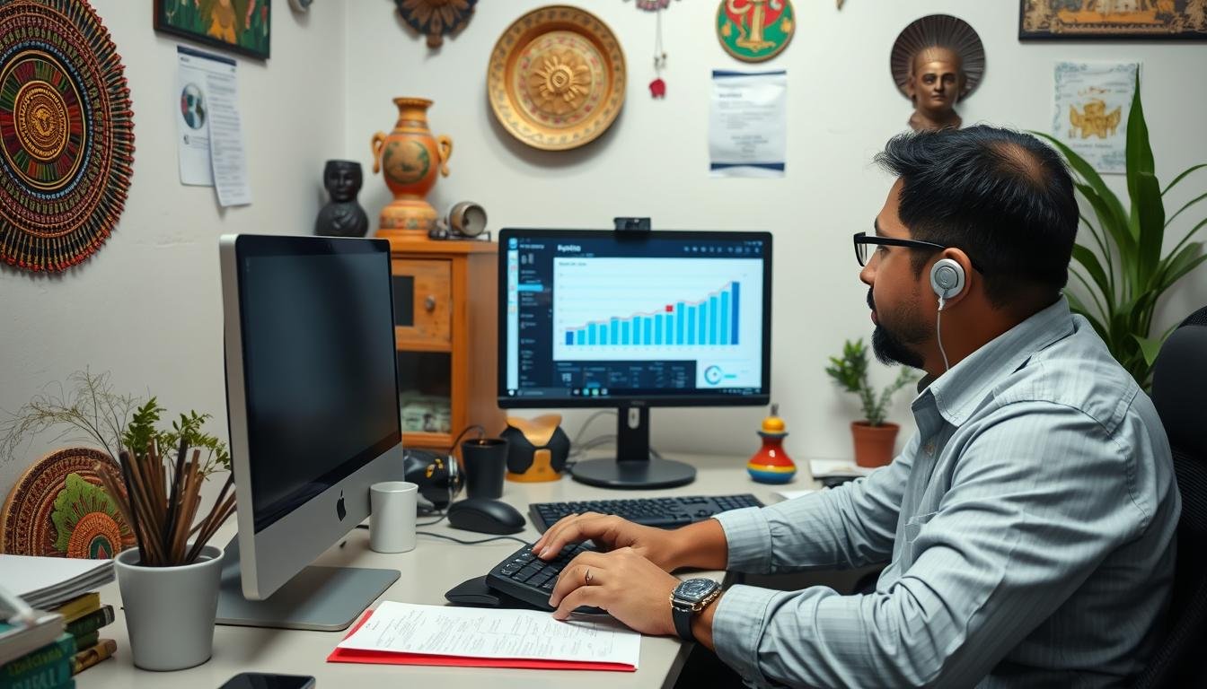 Empresario hondureño revisando estrategias de marketing digital en su oficina